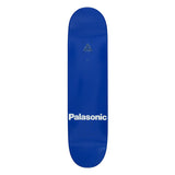 Blue skateboard deck with 'Palasonic' branding on a white background