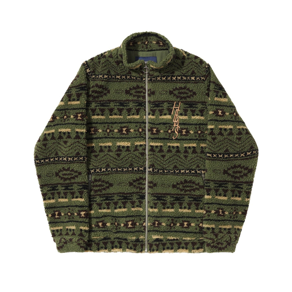 Buy Helas Dew Fleece Patterned Teddy Jacket Green. All over custom print thick fleece. Polyester inner & outer shell. Helas vertical embroidered script on left of chest. Full YKK zip with ring pull. Fast Free delivery and shipping options. Buy now pay later with Klarna and ClearPay payment plans at checkout. Tuesdays Skateshop, Greater Manchester, Bolton, UK. Best for Helas.