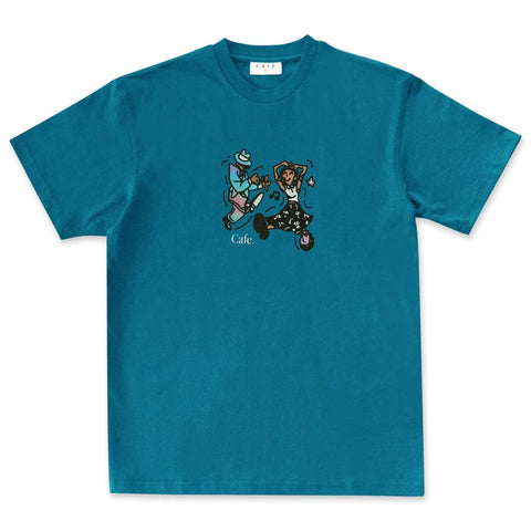 Buy Skateboard Cafe Dancing T-Shirt Teal. 100% Cotton construct. Regular fitting. Front print. For further information on any of our products feel free to drop us a message. (Chat bottom right) Fast Free UK and EU delivery options, Worldwide shipping. Best for Skateboarding and Streetwear in the UK. Tuesdays Skate Shop.