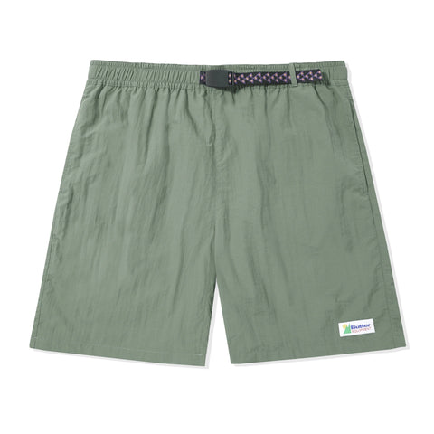 Butter Goods Equipment Shorts Sage. 100% Nylon construct. Custom patterned Woven belt closure. Slash side pockets with single flat pocket at back. Woven tab label detail on leg. Sits above knee. Shop the best range of Buttergoods in the UK at Tuesdays Skate shop, Fast Free UK delivery, Buy now pay later and multiple secure payment methods at checkout.