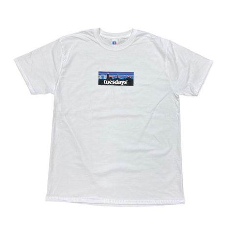 Buy Tuesdays 'Boltonia' Bolton Skyline Patagonia T-Shirt White. 100% soft cotton construct. 4 Colour screen print central on chest. Regular Cut. Best online destination for U.K Skate Shop tees at Tuesdays Skateshop. Fast Free delivery with buy now pay later options at checkout. Consistent 5 star customer reviews. 28.00 GBP Per tee.