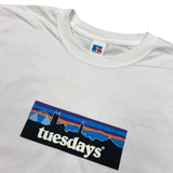 Buy Tuesdays 'Boltonia' Bolton Skyline Patagonia T-Shirt White. 100% soft cotton construct. 4 Colour screen print central on chest. Regular Cut. Best online destination for U.K Skate Shop tees at Tuesdays Skateshop. Fast Free delivery with buy now pay later options at checkout. Consistent 5 star customer reviews. 28.00 GBP Per tee.