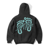 Black hoodie with a turquoise graphic on the back against a white background