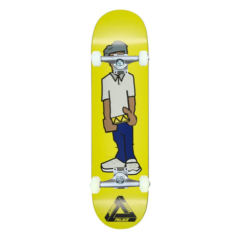 Skateboard with a graphic of a person on a yellow background, featuring the Palace logo.