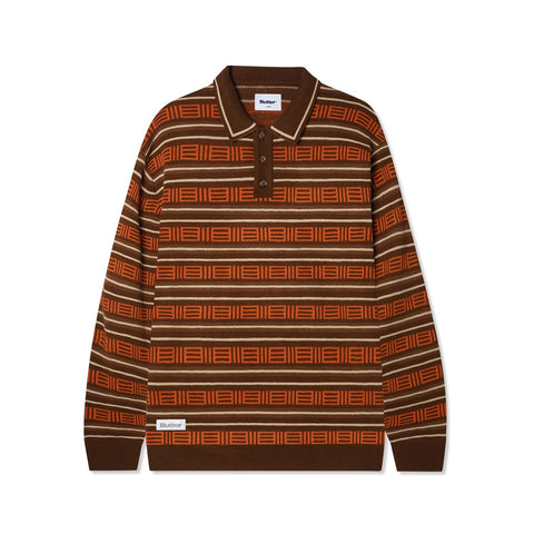 Buy Butter Goods Windsor Knitted Polo Sweater Brown/Tan. 100% Acrylic construct. Button up to polo collar. Custom all over print details. Shop the best range of Butter goods in the UK at Tuesdays Skate Shop with size guides, Fit pics, buy now pay later and fast free delivery options.