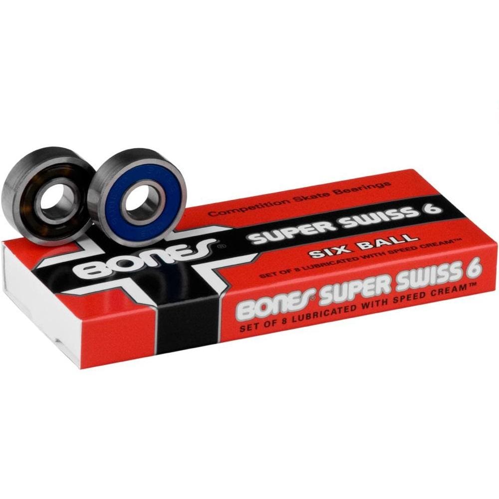 Buy Bones Swiss Super 6 Ball Bearings (Set of 8) Competition Skate bearings crafted in Switzerland. Removable high speed nylon ball cage. Pack of 8 Bearings Precision skate bearings Removable Non contact, friction-less rubber shield. Pre lubricated with a low velocity bones speed cream Long lasting & easy to clean A personal favourite. Fast Free UK delivery, worldwide shipping. 