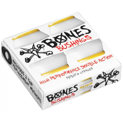 Buy Bones Hardcore High Performance Medium Bushings 91A (Full Set). Full set, incudes bushings for a set of trucks. No break in period, good to go. High rebound bushings bonded to a rigid core to keep the bushing in place. Patented technology. Fast Delivery options with secure payment options at checkout. Tuesdays is a leading retailer in Skateboarding part with expert advise available in store and online 24/7.