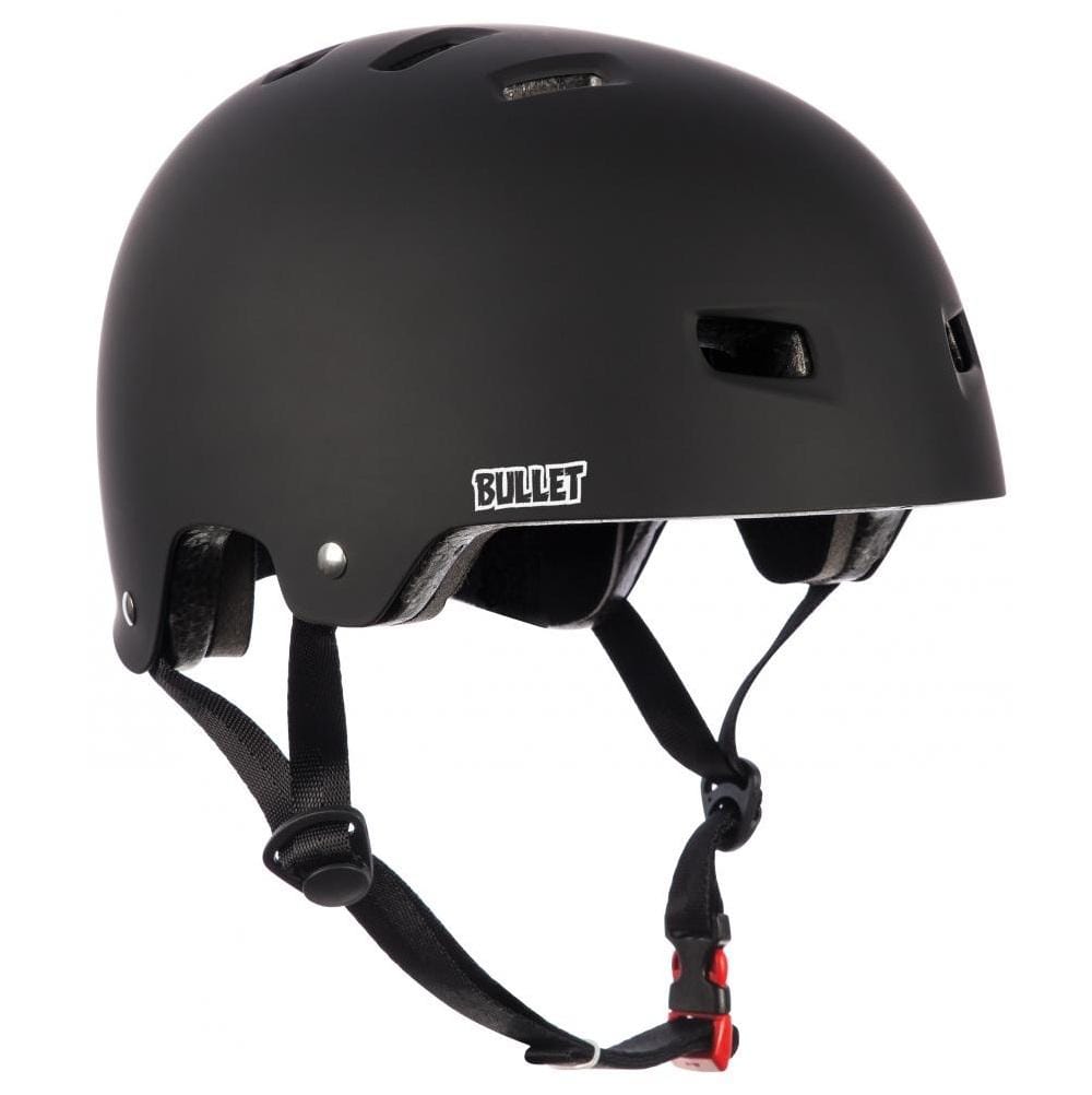 Buy Bullet Deluxe Helmet Youth Black (49 CM-54 CM) High density ABS injection moulded shell. EPS Polystyrene foam lining. 3 piece removable inner padding (washable) 12 Vent cooling placement. Best for Skateboarding and protection at Tuesdays Skateshop,  Bolton, UK.