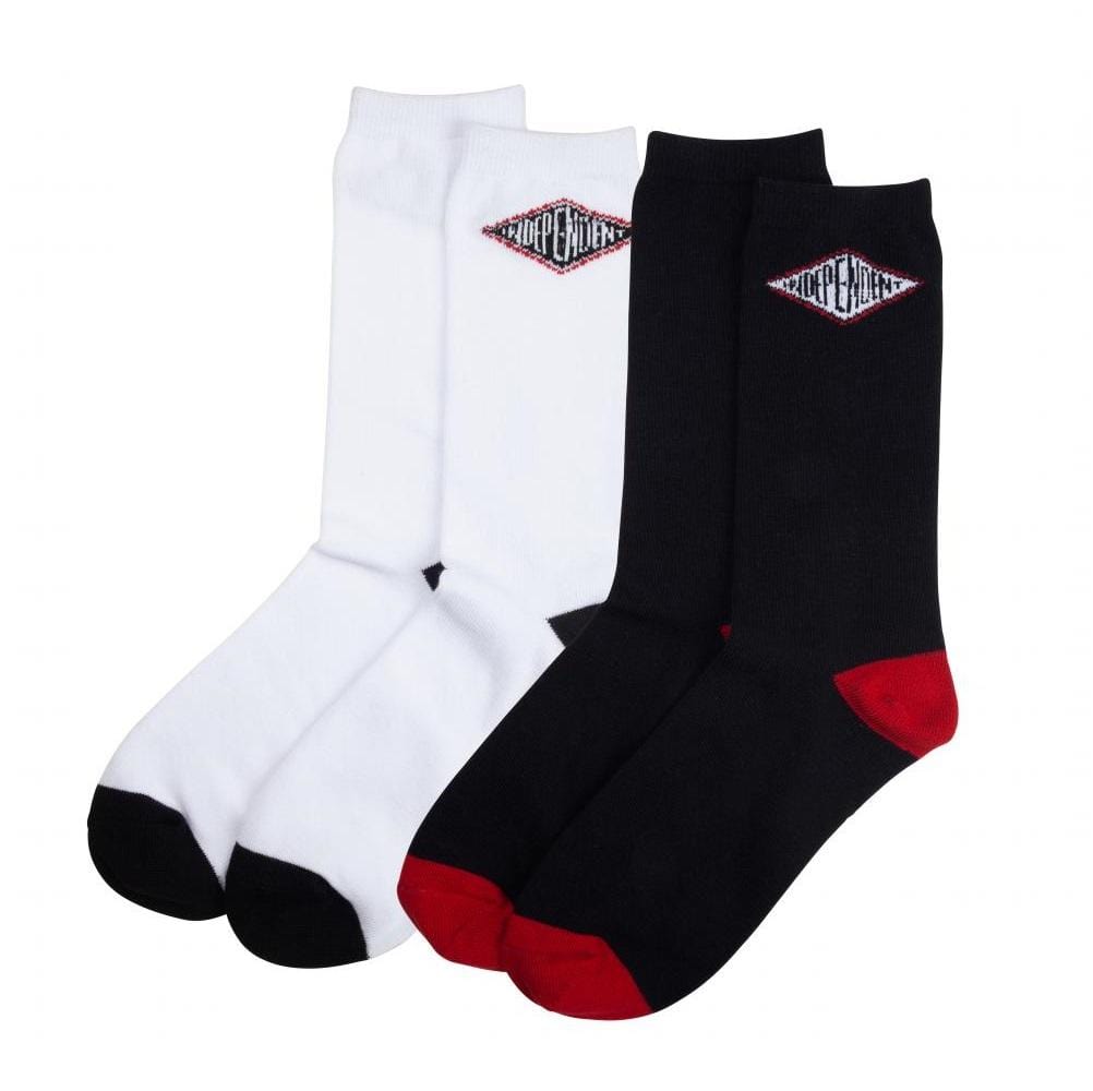 Buy Independent Truck Co. Summit Socks Black (2 Pairs), 2 pairs in pack 80 Acrylic/17 Polyester/3 Elastane, Cross logo on inside and outside leg of sock, coloured tips and heels. Providing the best of hardware and soft goods since 1978. Santa Cruz, California | Tuesdays Skateshop.