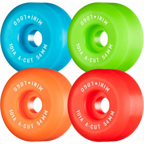 Mini Logo A-Cut Wheels 54 MM 101 Assorted Colours A-cut shape featuring a sidecut profile and wider contact area for more stability skating all terrain. Best selection of quality skateboarding wheels at Tuesdays Skateshop in Bolton. Fast Free delivery options with buy now pay later at checkout with ClearPay & Klarna. 