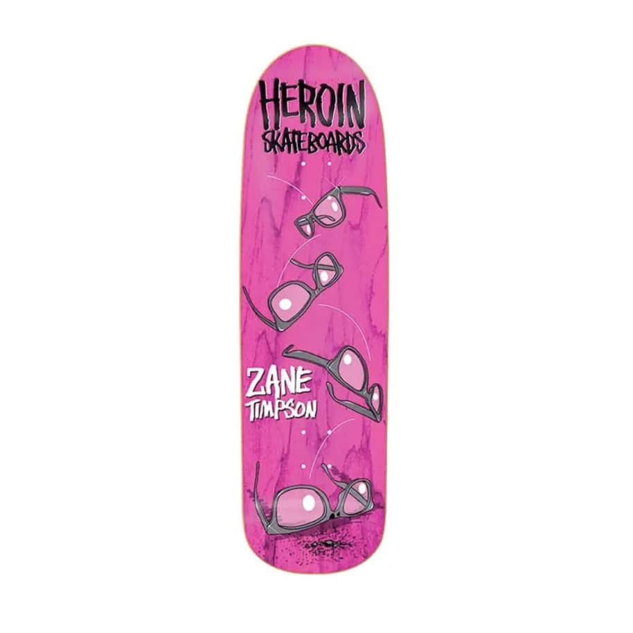 Buy Heroin Skateboards Zane Timpson Glasses Shaped Skateboard Deck 9" Wheelbase - 14.5" All decks come with free Jessup grip, please specify in notes (at checkout) if you would like it applied or not. For further information on any of our products please feel free to message. Fast free UK Delivery, Worldwide Shipping.