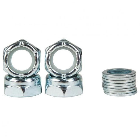 Replacement Axle Nuts & Washers Set of 4 Nuts Set of 8 speed Washers Silver All axle nuts are universal and will fit all skateboard trucks. For further information on any of our products please feel free to message. truxs trux truks trucs truck bolts truck replacement bolt nuts bolt axle nut axle bolt axle free fast delivery shipping uk