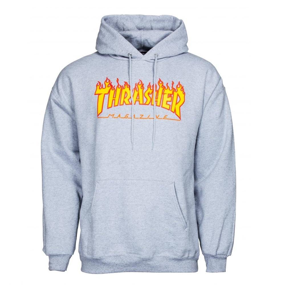 Buy Thrasher Magazine Flame Logo Hood Heather Grey. 100% Cotton construct. Thrasher Black Ice print detail central on chest. Kangaroo pouch pocket. Drawstring adjustable hood. For further assistance please feel free to get in contact via chat. Fast Free Delivery and Shipping options. Buy now Pay later with Klarna and ClearPay payment plans at checkout. Tuesdays Skateshop, Greater Manchester, Bolton, UK.