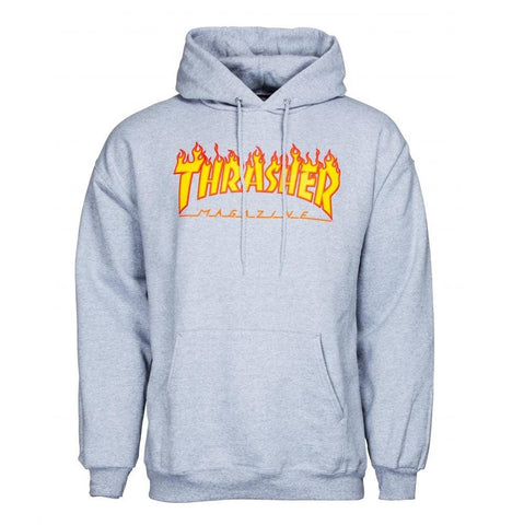 Buy Thrasher Magazine Flame Logo Hood Heather Grey. 100% Cotton construct. Thrasher Black Ice print detail central on chest. Kangaroo pouch pocket. Drawstring adjustable hood. For further assistance please feel free to get in contact via chat. Fast Free Delivery and Shipping options. Buy now Pay later with Klarna and ClearPay payment plans at checkout. Tuesdays Skateshop, Greater Manchester, Bolton, UK.