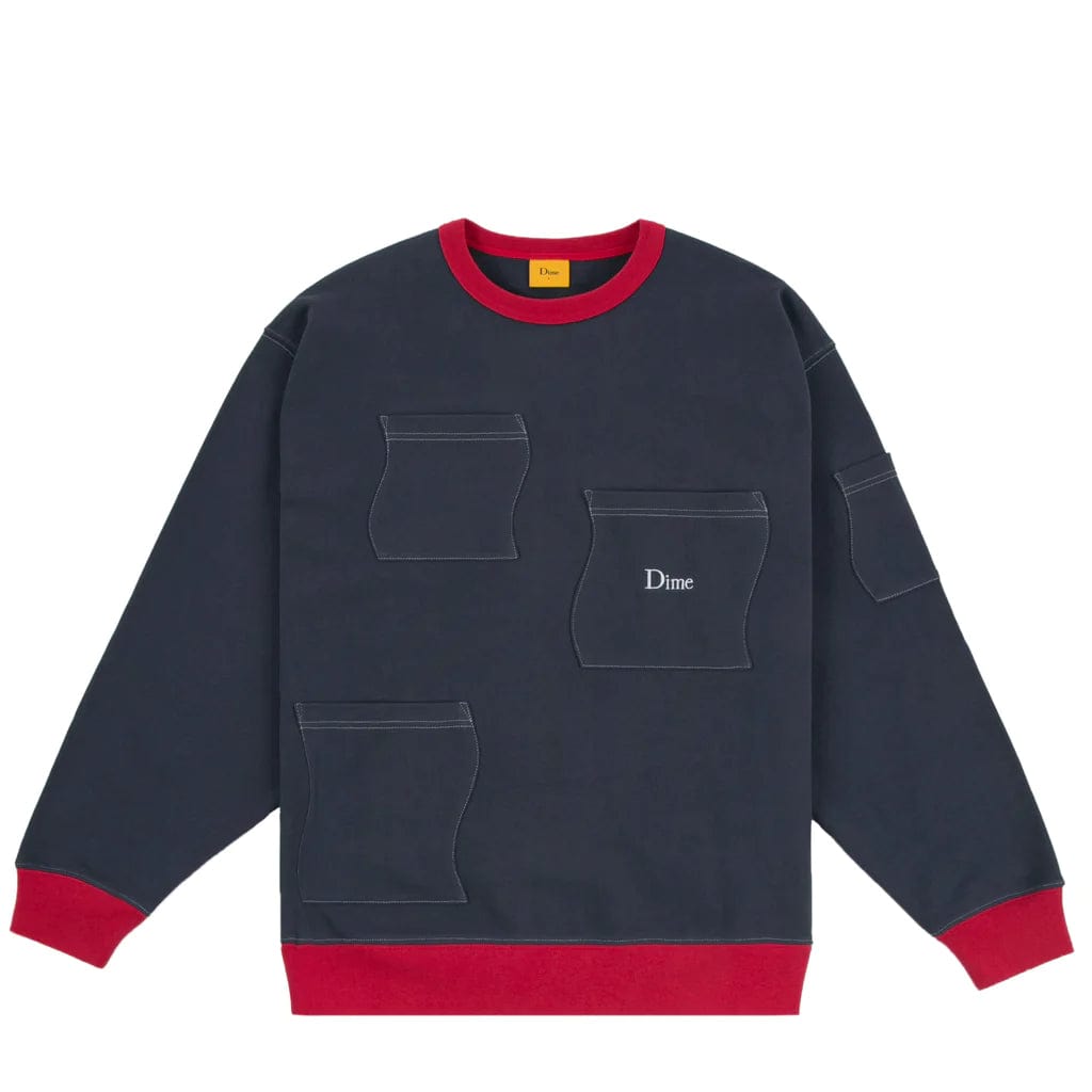 Buy Dime MTL French Terry Pocket Crewneck Marine. 100% Cotton French Terry. 4 different sized wavy patch pockets along front and sleeve. Buy now Pay Later with Klarna, Shop now Pay Later with Clearpay. Fast Free Delivery & Shipping options available. Tuesdays Skateshop Greater Manchester Bolton UK.