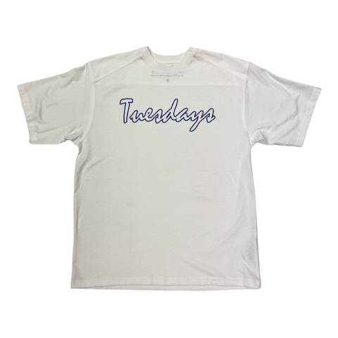 Buy Tuesdays '22 Script T-Shirt White 100% soft cotton construct. 2 Colour screen print central on chest. Regular Cut. Best online destination for U.K Skate Shop tees at Tuesdays Skateshop. Fast Free delivery with buy now pay later options at checkout. Consistent 5 star customer reviews.