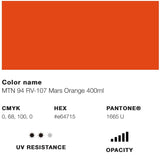 Buy MTN 94 400ml Spray Paint. Mars Orange, Pantone Reference 1665 U. Matt Finish. Low Pressure. 400ml Aerosol Can covers approximately 2 Square meters. Free Cap provided. Shop the best range of Montana Spray Paint in the U.K at Tuesdays Skate Shop with Fast Free delivery options. Buy now pay later with Klarna & ClearPay at Checkout. 