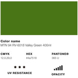 Buy MTN 94 400ml Spray Paint. Valley Green, Pantone Reference 365 U. Matt Finish. Low Pressure. 400ml Aerosol Can covers approximately 2 Square meters. Free Cap provided. Shop the best range of Montana Spray Paint in the U.K at Tuesdays Skate Shop with Fast Free delivery options. Buy now pay later with Klarna & ClearPay at Checkout. 
