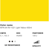 Buy MTN 94 400ml Spray Paint. Light Yellow, Pantone Reference 108 U. Matt Finish. Low Pressure. 400ml Aerosol Can covers approximately 2 Square meters. Free Cap provided. Shop the best range of Montana Spray Paint in the U.K at Tuesdays Skate Shop with Fast Free delivery options. Buy now pay later with Klarna & ClearPay at Checkout. 