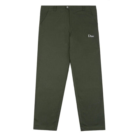 Buy Dime MTL Classic Chino Pants Dark Olive. 100% Cotton twill construct. Embroidered classic logo on left pocket. Slit side pockets. Flat back pocket with yellow dime tab detailing to top off. Shop the biggest and best range of Dime MTL in the UK at Tuesdays. 5 Star customer reviews, Fast Free delivery, secure payment & Buy now pay later options.