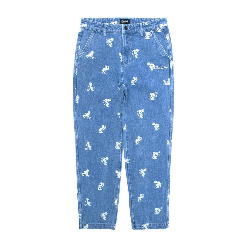 Buy Rip N Dip Dance Party Denim Pants Jeans (Medium Wash) Patch detailing down legs. Regular fitting. Slit side pockets. Leather patch detail on back.  Fast Free U.K delivery with Buy now Pay later options with ClearPay, Klarna & Pollen Pay. Shop the best range of RIPNDIP in the U.K at Tuesdays Skate Shop. Bolton, UK.