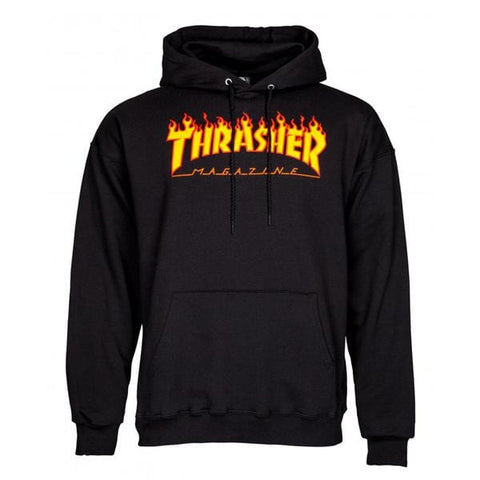 Buy Thrasher Magazine Flame Logo Hood Black. 100% Cotton construct. Thrasher Black Ice print detail central on chest. Kangaroo pouch pocket. Drawstring adjustable hood. For further assistance please feel free to get in contact via chat. Fast Free Delivery and Shipping options. Buy now Pay later with Klarna and ClearPay payment plans at checkout. Tuesdays Skateshop, Greater Manchester, Bolton, UK.